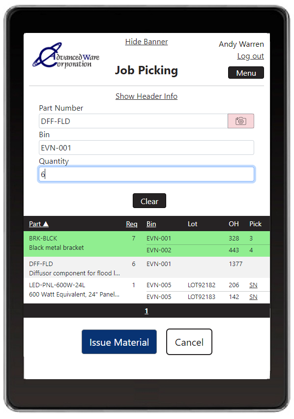 AdvancedWare provides Solutions for Epicor's ERP 10 System including Real-Time Barcode Job Picking application