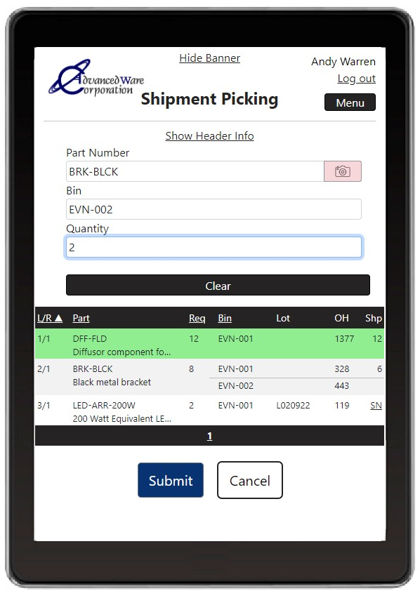 AdvancedWare provides Solutions for Epicor's Epicor Kinetic ERP System including Real-Time Barcode Shipment Picking application
